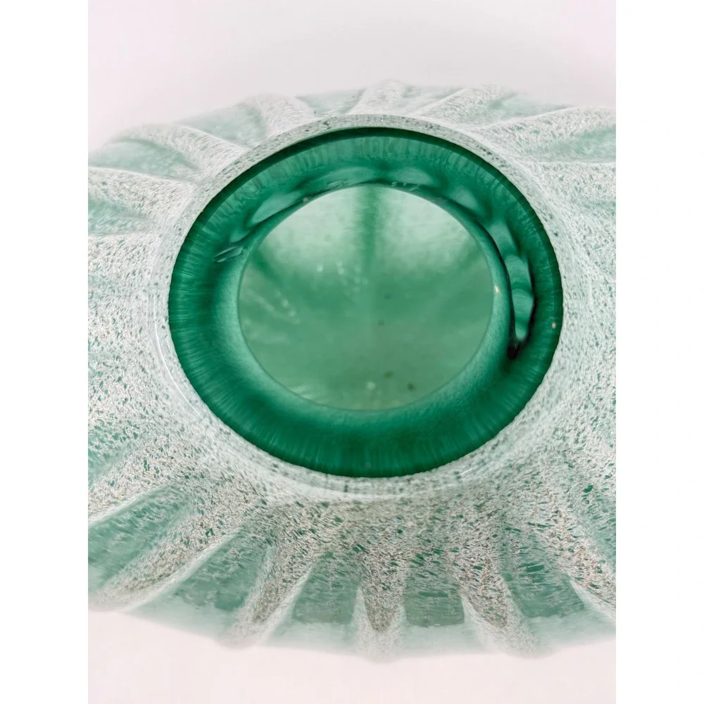 Art Glass Ribbed Urchin Vase 17x11 Teal Green Gold Fleck Coastal MCM Decor